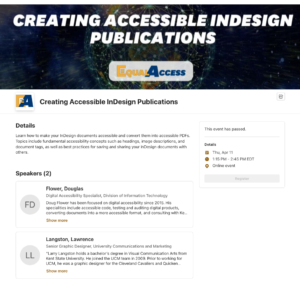 Webinar information and registration for "Creating Accessible InDesign Publications" on April 11, 2024
